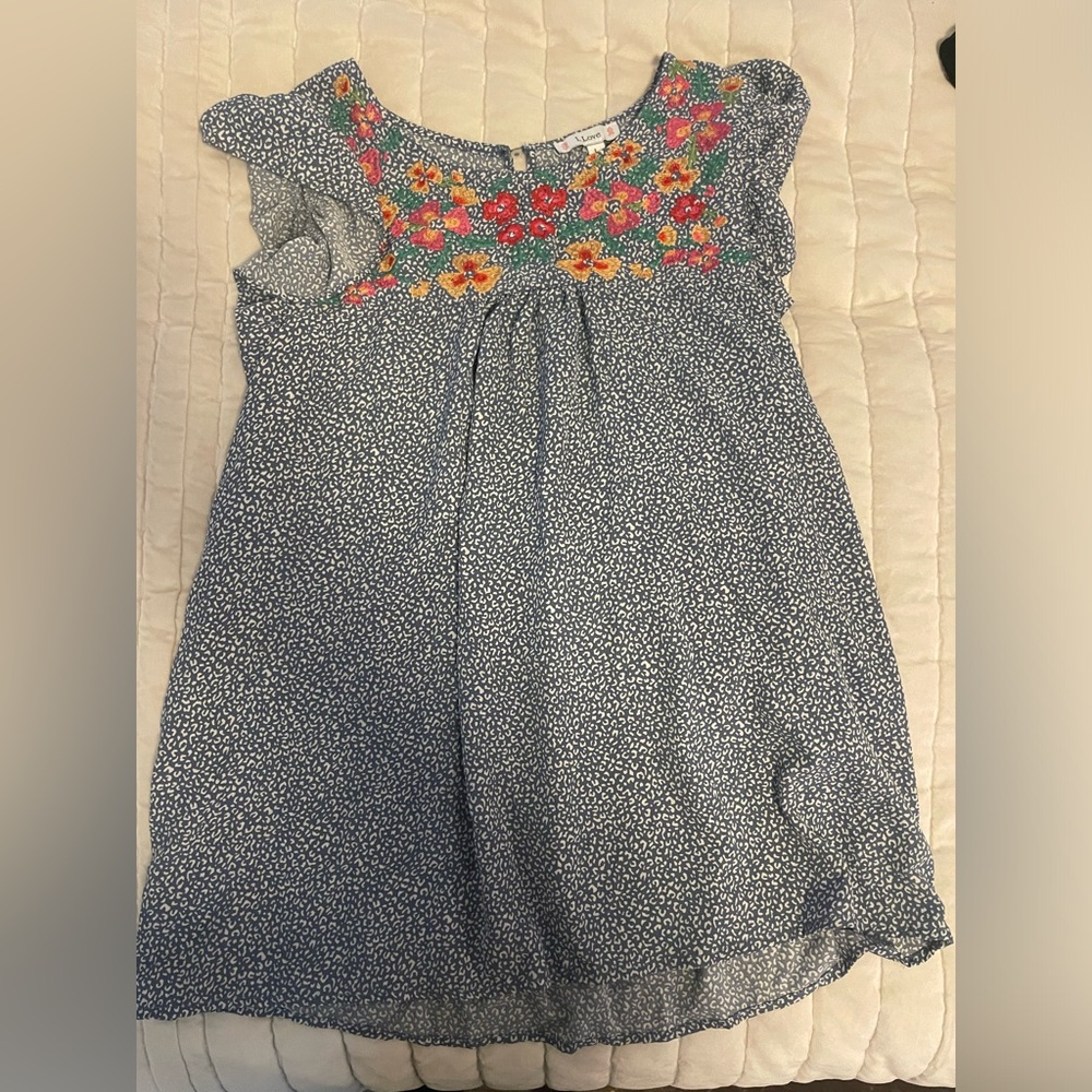 Blue and white floral embroidered top